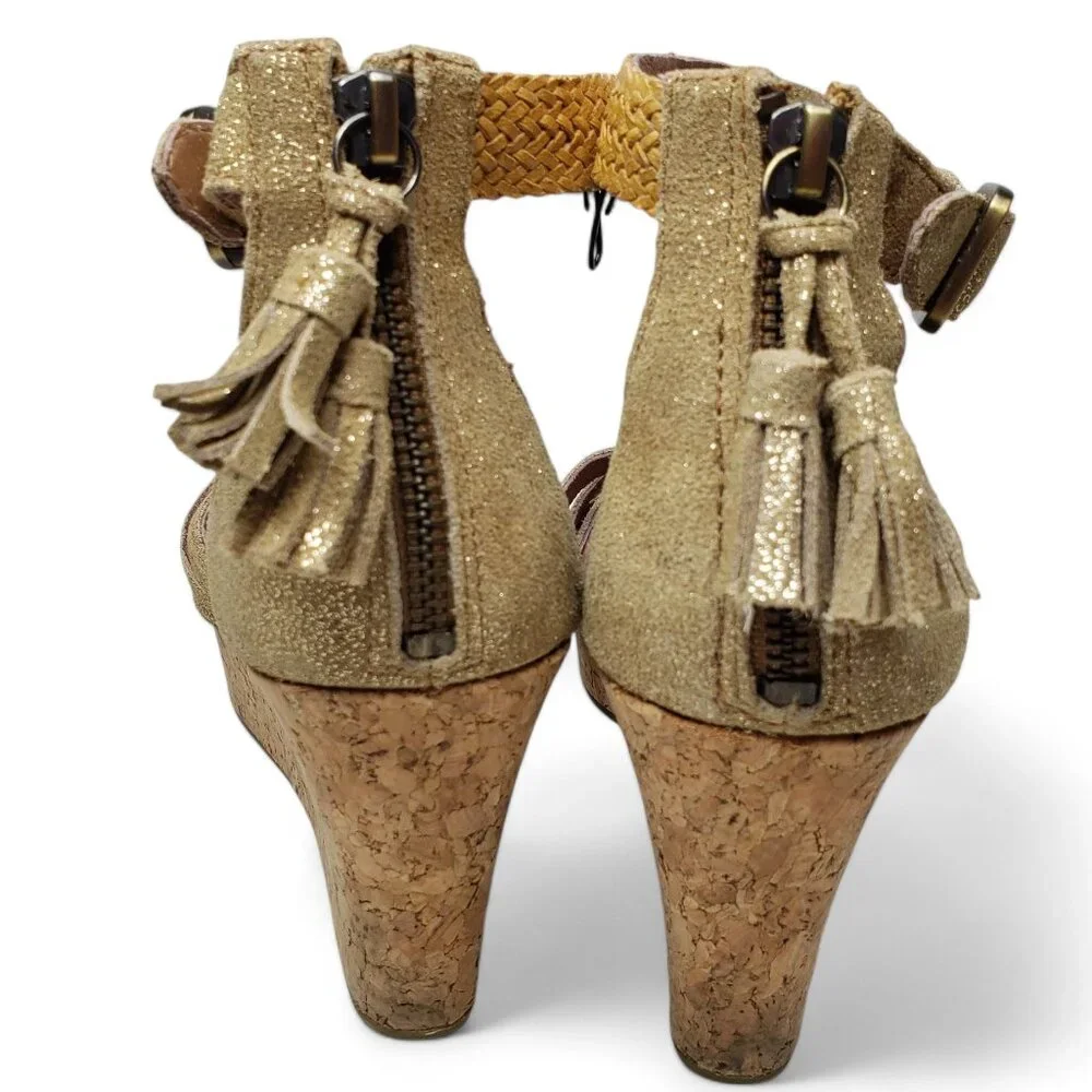 Ugg Lillie Platform Wedge Women's Metallic Gold Woven Strap Braided Ankle 9.5